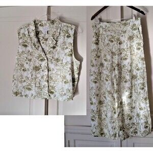 Rachel Zoe Linen 2-pc Top + Wide Leg Cropped Pants Green & Ivory Toile Sz Large